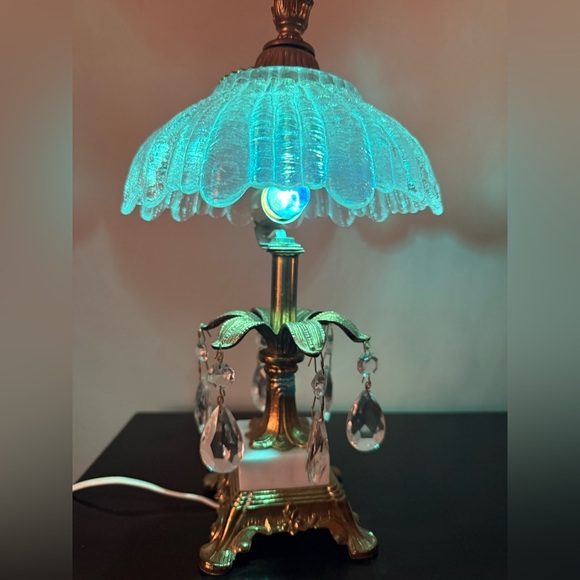 VINTAGE BOHEMIA GLASS CRYSTALS, BRASS/MARBLE BOUDOIR LAMP ~12”H USA MADE - Picture 2 of 16